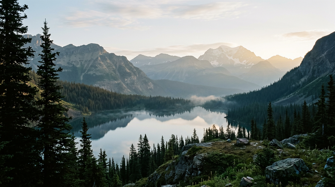 Misty alpine lake framed by pine forest and mountain ridges at sunrise